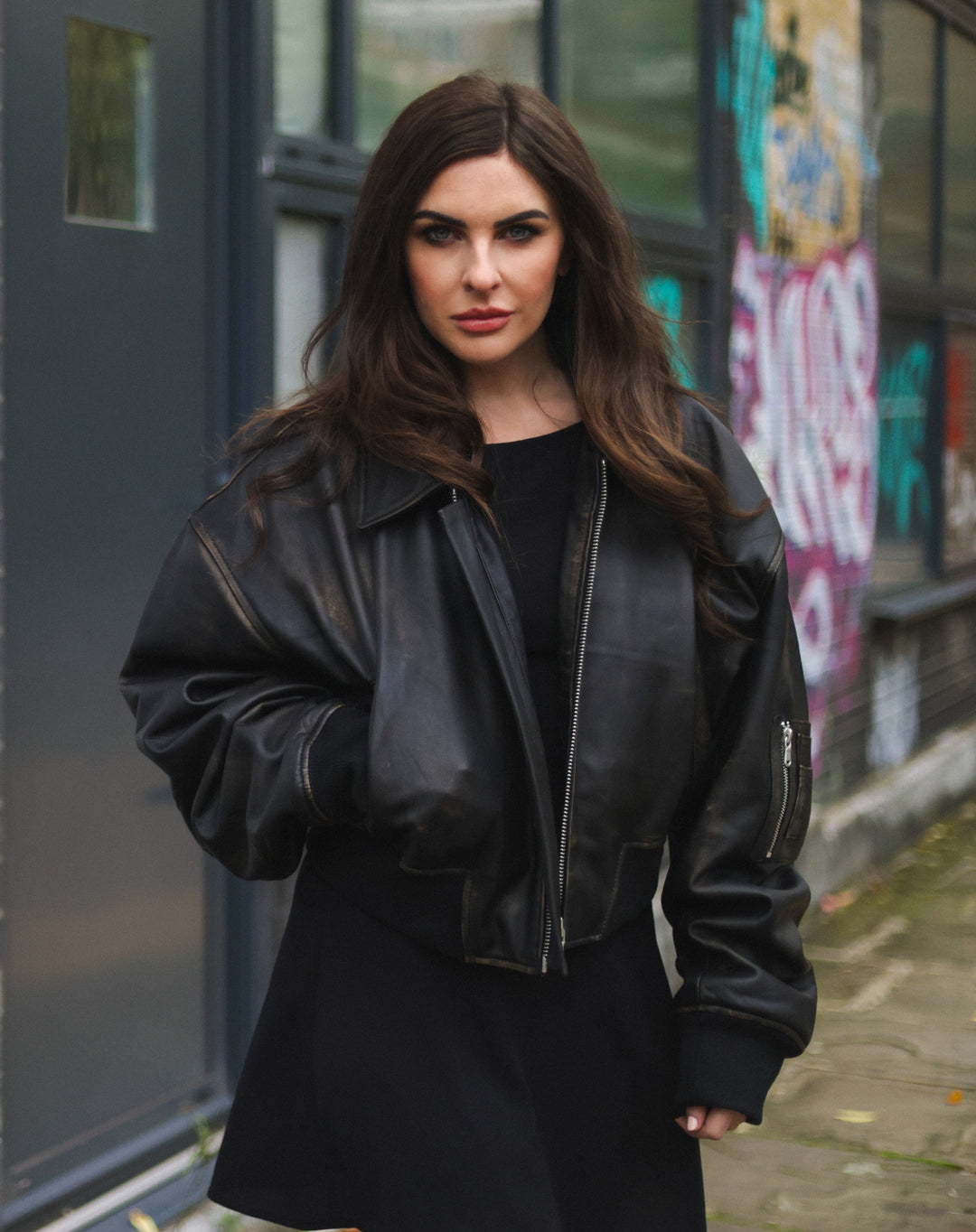 Womens Oversized Leather MA-1 Bomber Jacket - Warrington