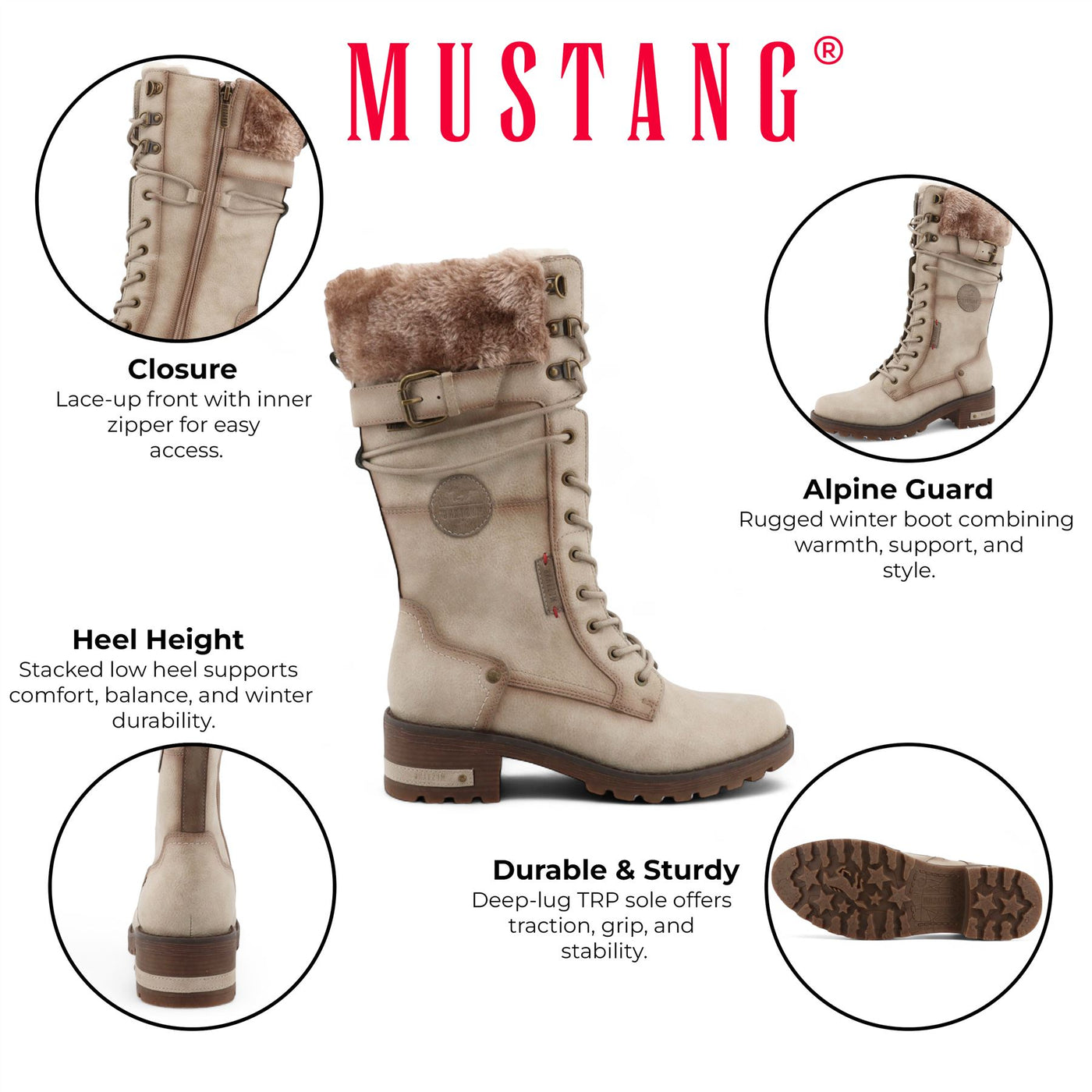 Mustang Women's Off White Mid-Calf Faux Fur Winter Combat Boots
