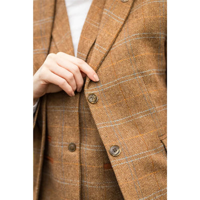 Women's Oak Brown Tailored Fit Tweed Blazer in Herringbone Check