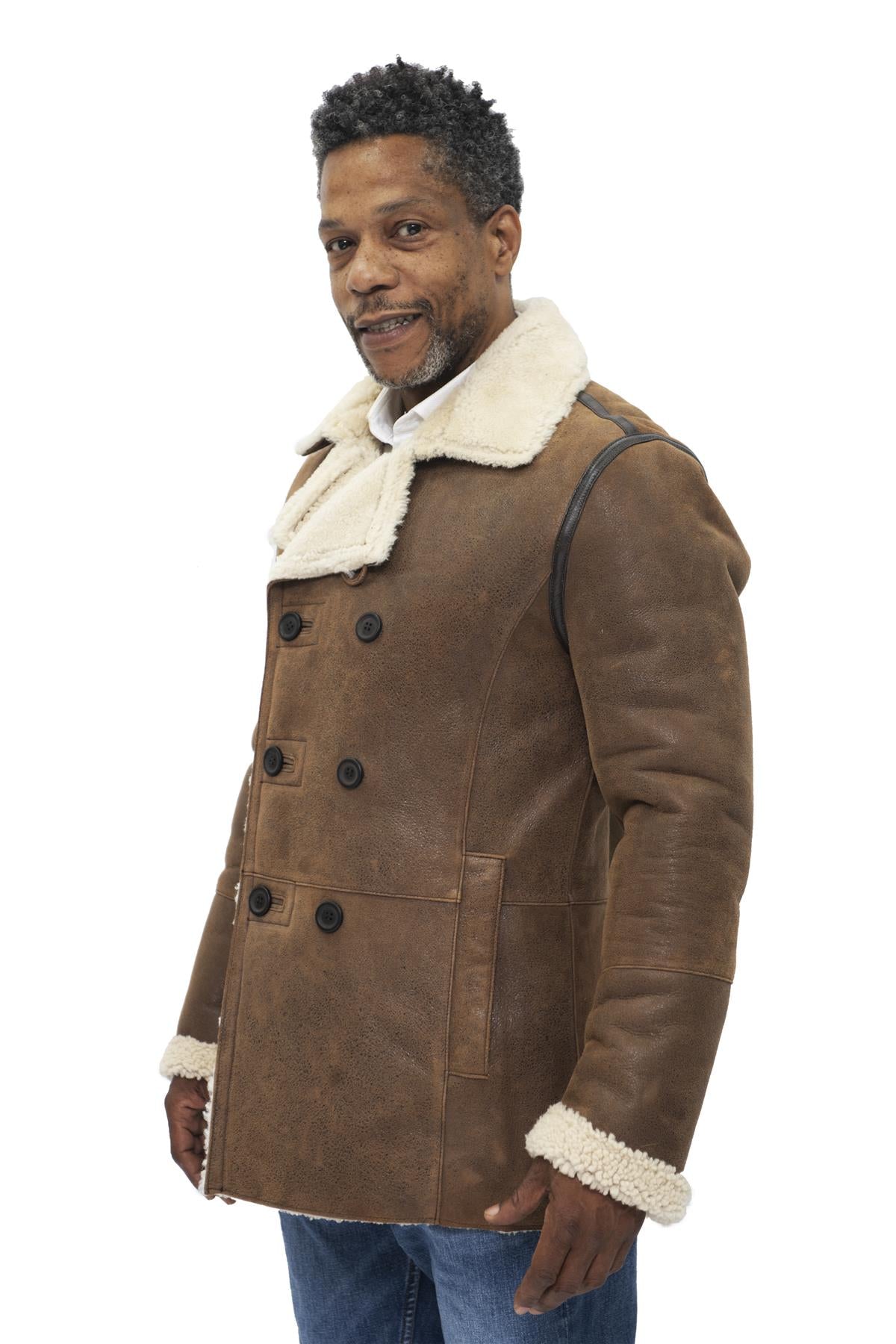 Mens Double Breasted Shearling Sheepskin Pea Coat-Kington