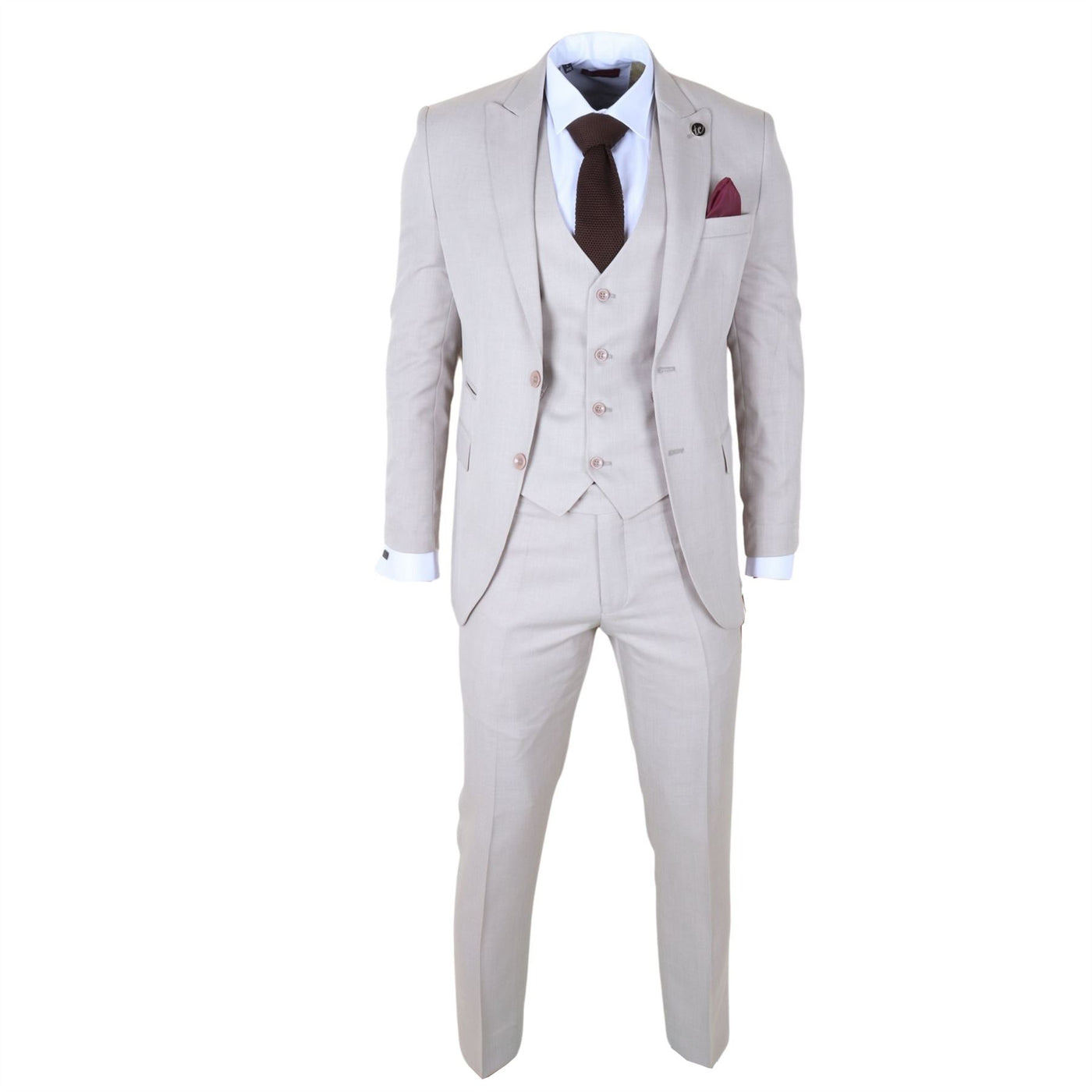 Men's Cream 3-Piece Tailored Fit Formal Wedding Peak Lapel Suit