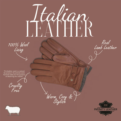 Men’s Italian Leather Warm Wool Lining Winter Knit Rib Gloves - M-LGV-105