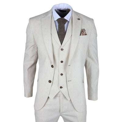 Men's Beige 3 Piece Linen Formal Summer Wedding Suit