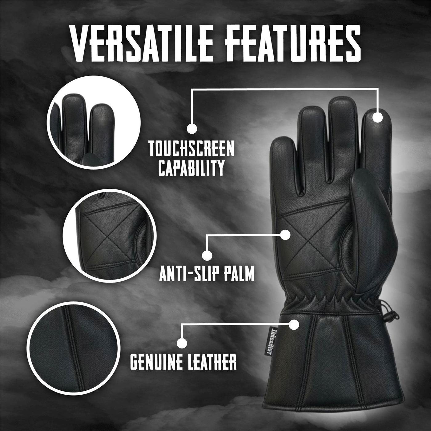 Men's Thermal Motorbike Black Leather Waterproof Biker Protection Gloves