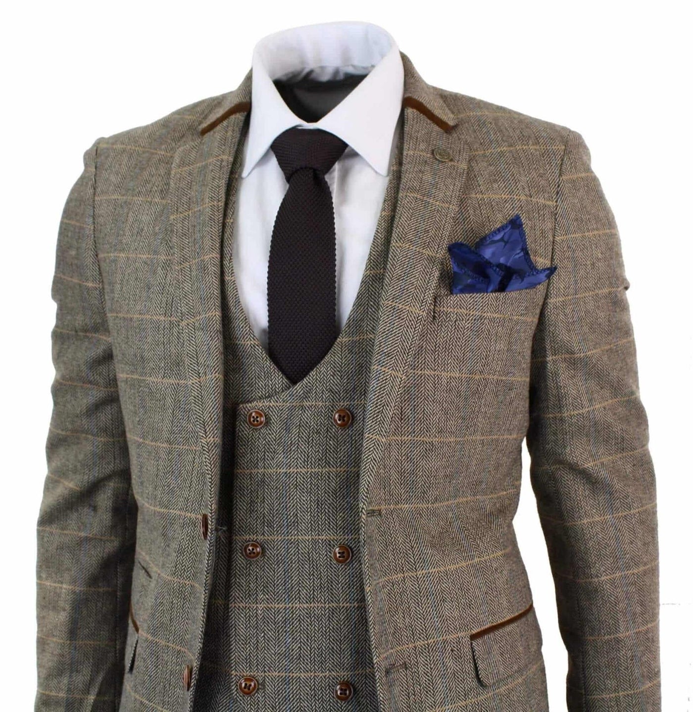 Mens 3 Piece Tan Herringbone Tweed Check Suit