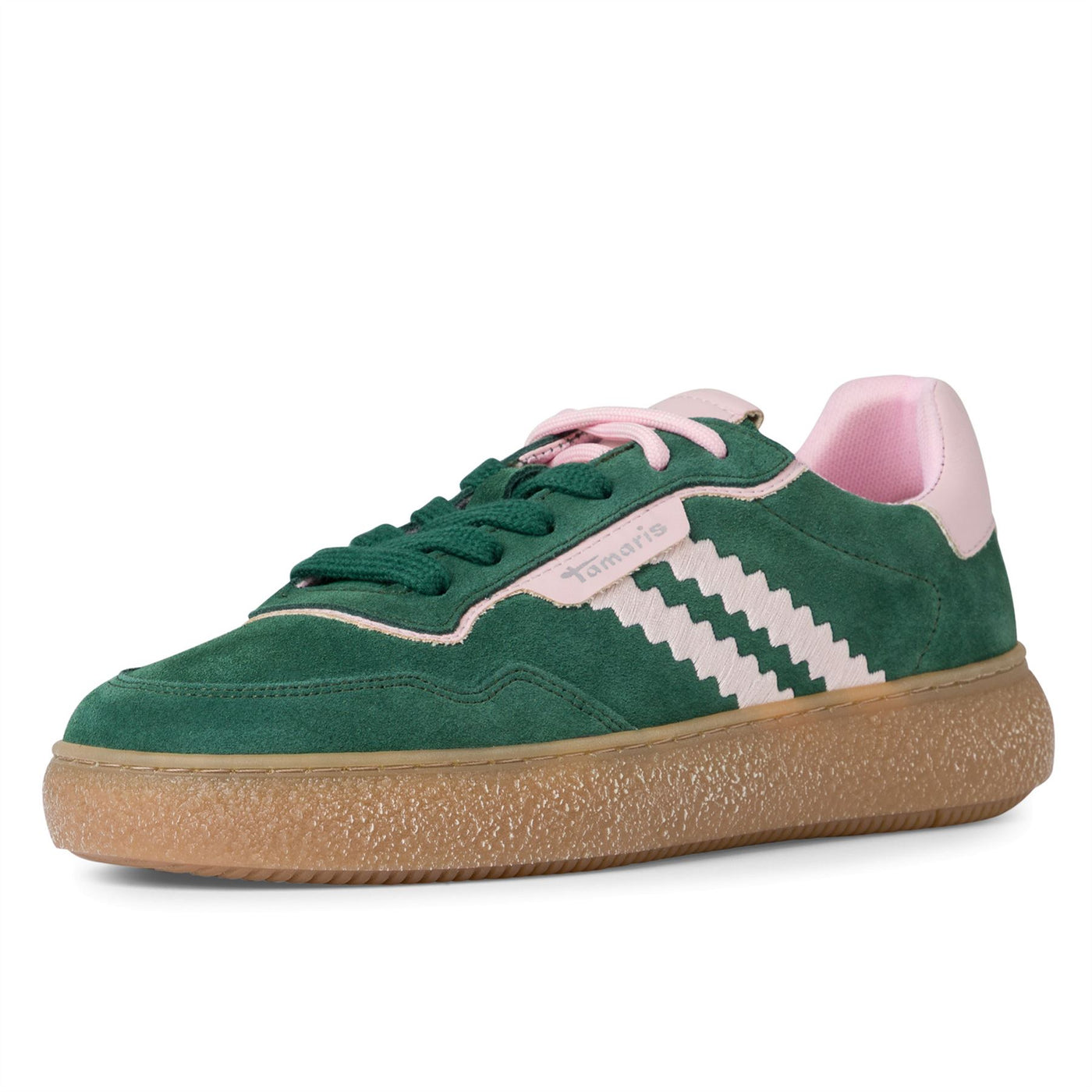 Tamaris Womens Green Pink Leather Fashion Stripe Lace Up Sneakers