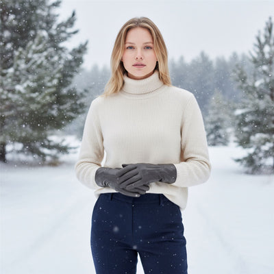 Womens Italian Leather Winter Stitch Line Design Soft Wool Lining Gloves - L-GLV-301