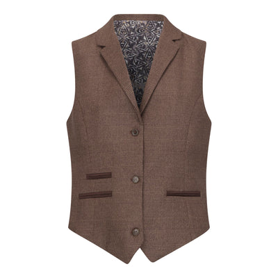 Women's Brown Three-Piece Tailored Fit Suit in Prince of Wales Check