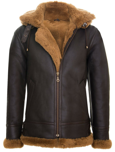 Mens Hooded Sheepskin Leather B3 Flying Jacket-Harwich