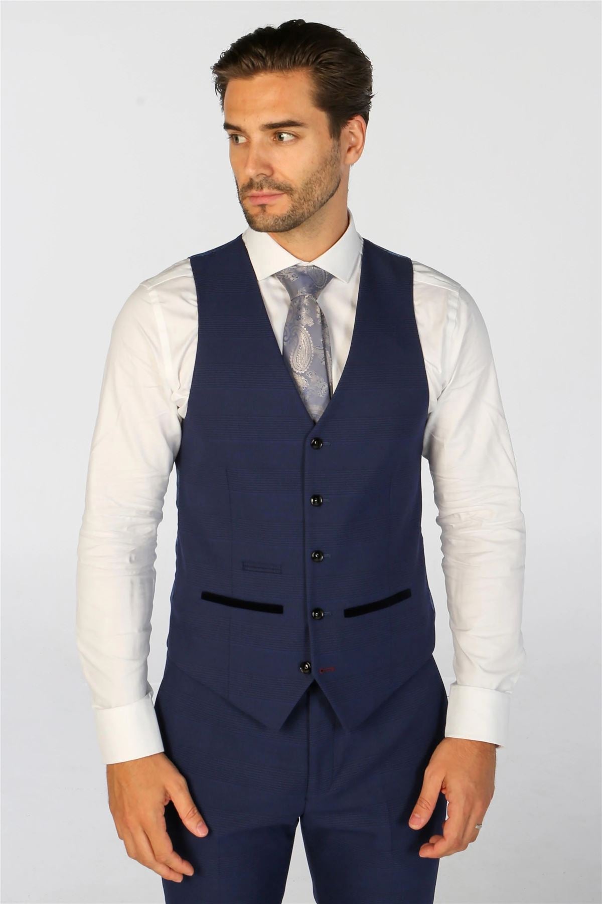Men's Navy Checked 3 Piece Suit Tailored Fit Suit Formal Wedding