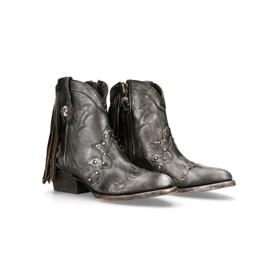 New Rock Grey Leather Fringed Pointed Cowboy Boots- WSTM003-S1