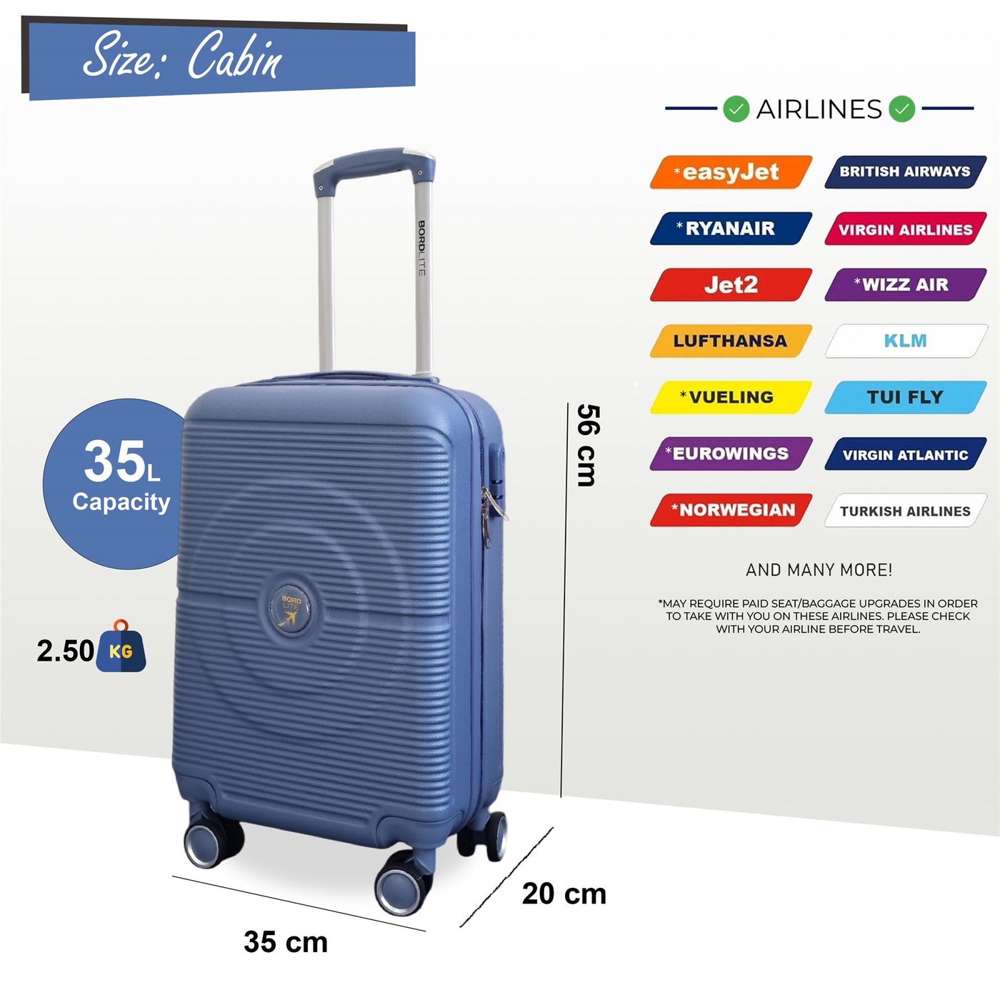 Hard Shell ABS Cabin Suitcase 56 x 35 x 20 cm Luggage Suitable for Easyjet, Ryanair