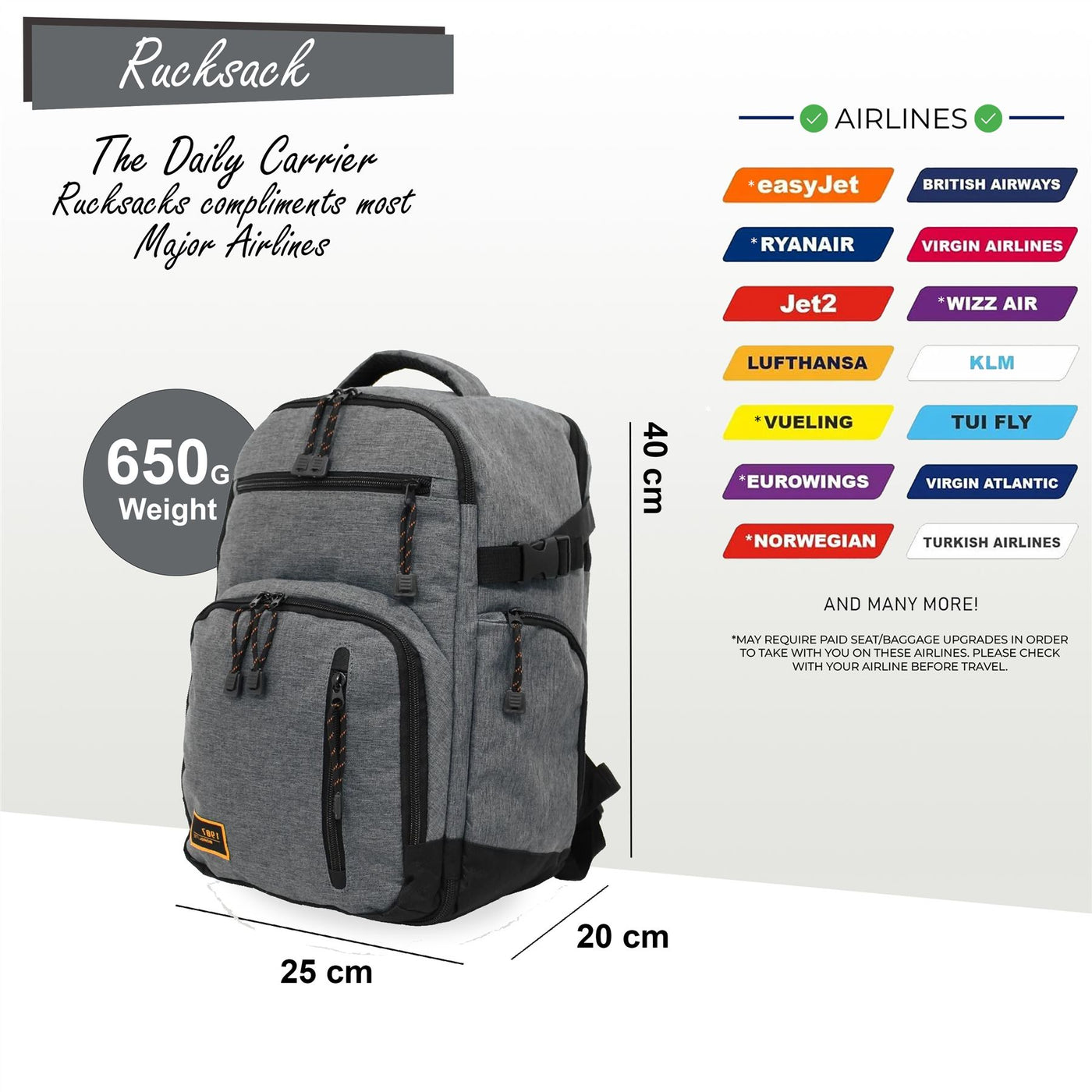 Backpack Rucksack 40x20 x25 cm Underseat Travel Cabin Bag for Ryanair, Easy Jet