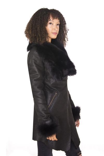 Womens Black Merino Shearling Coat with Toscana Collar-Romford