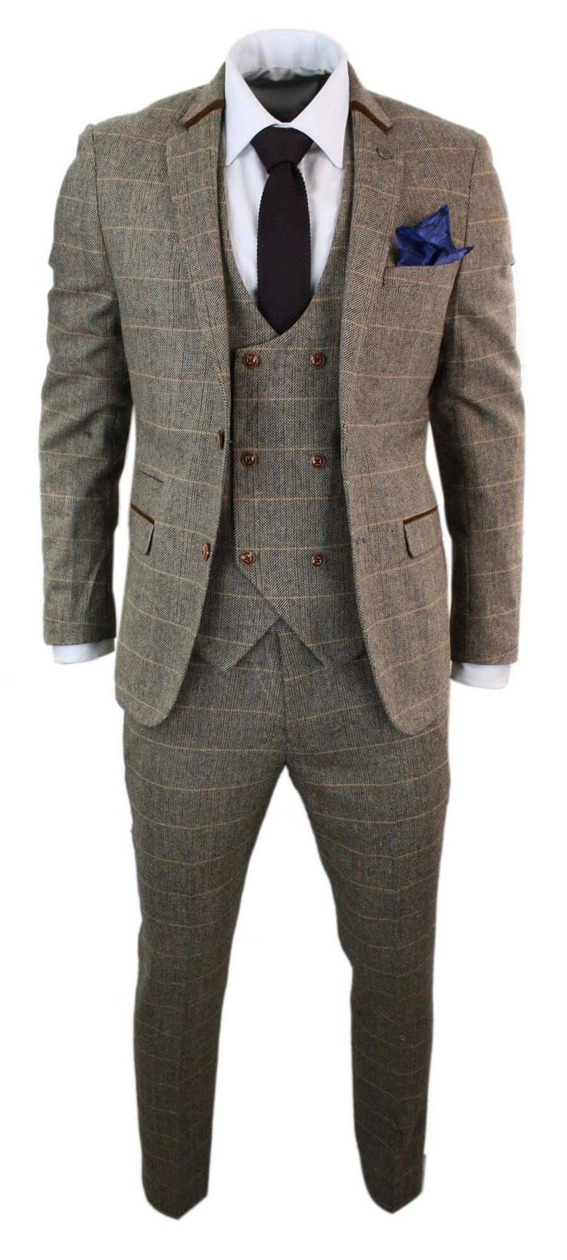 Mens 3 Piece Tan Herringbone Tweed Check Suit