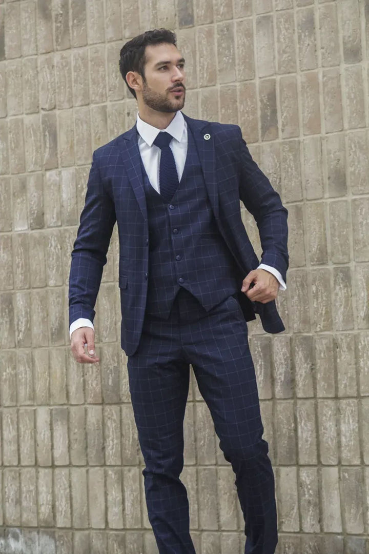 Men's Navy Checked 3 Piece Suit Tailored Fit – Infinity Leather
