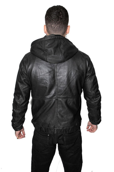 Men’s Casual Leather Hooded Bomber Jacket-Odesa