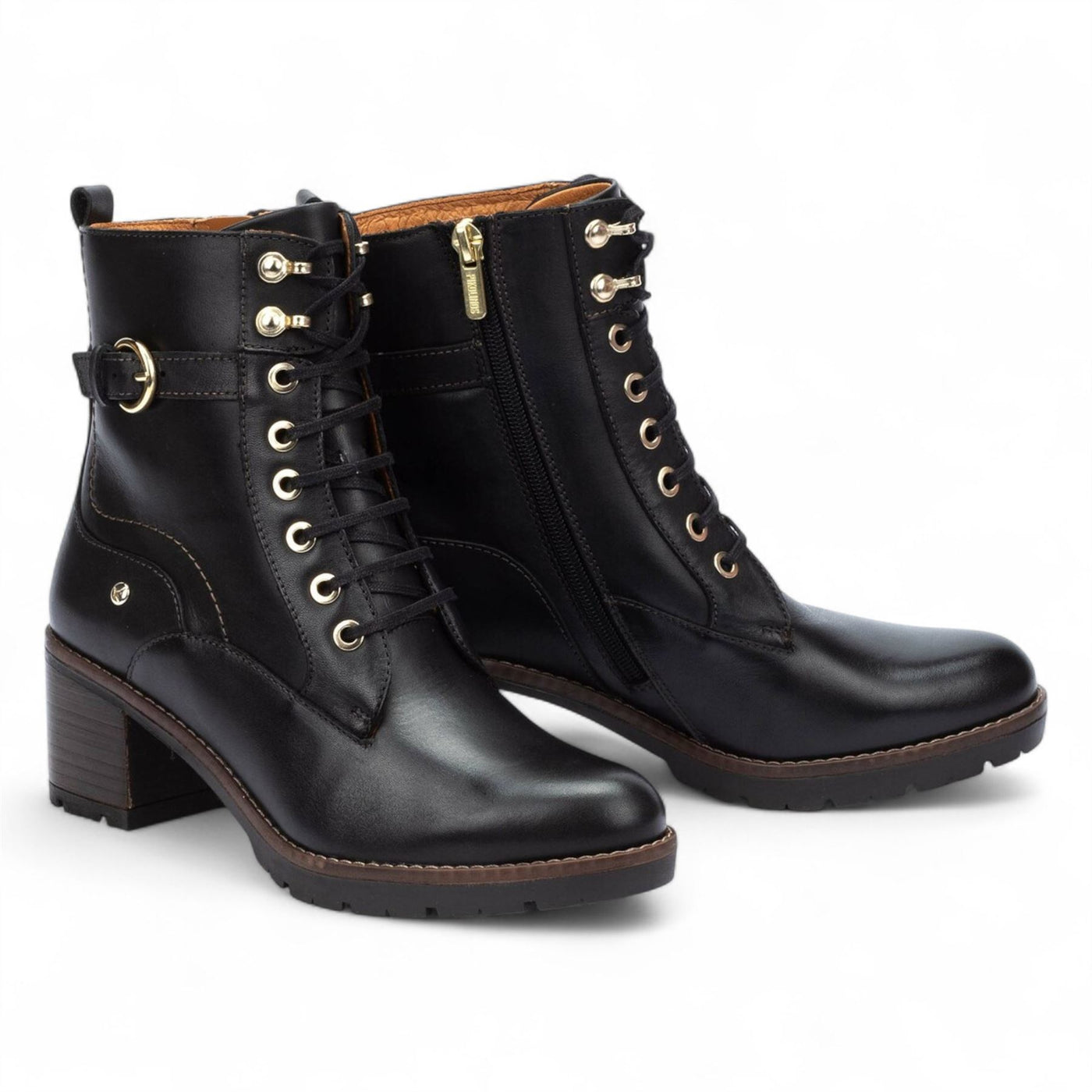 Pikolinos Women’s Black Leather Mid-Heel Combat Ankle Boots - Llanes