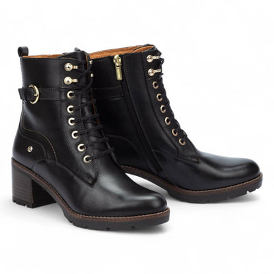Pikolinos Women’s Black Leather Mid-Heel Combat Ankle Boots - Llanes