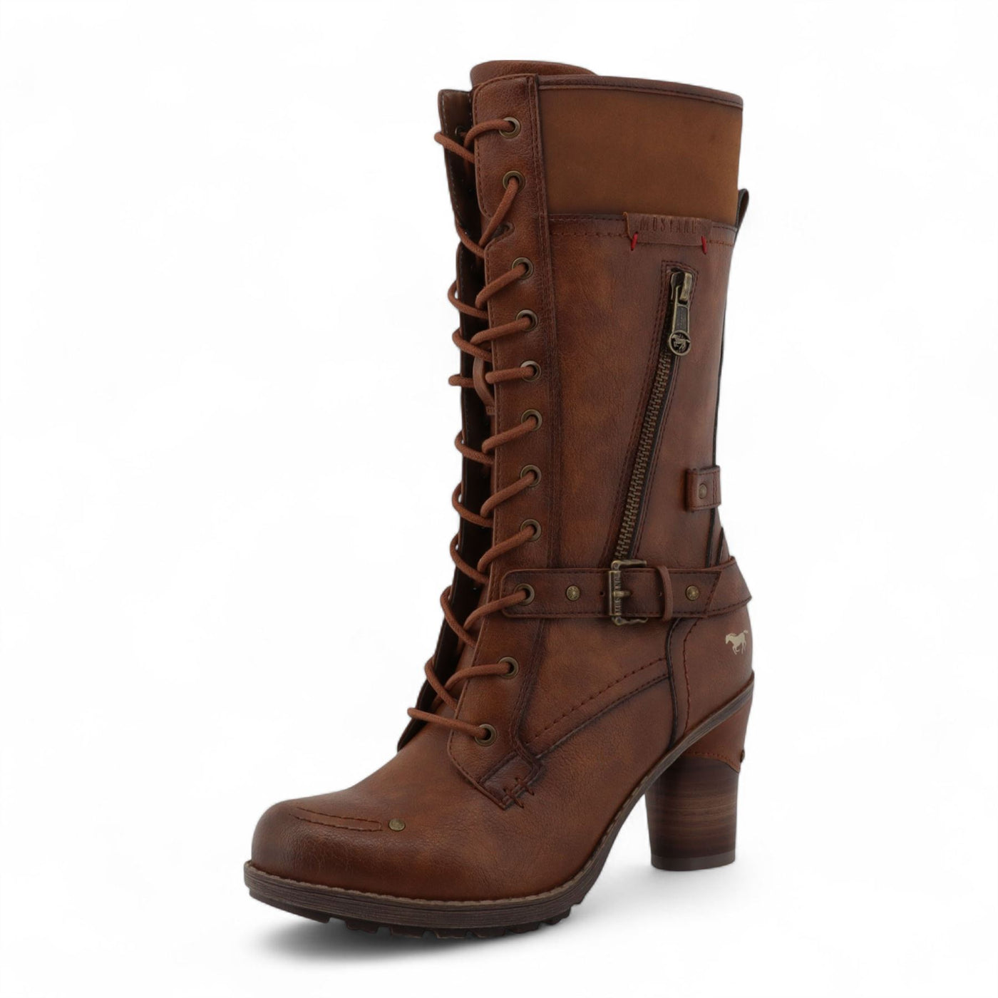 Mustang Women's Brown Mid-Calf Lace Up Heeled Combat Boots