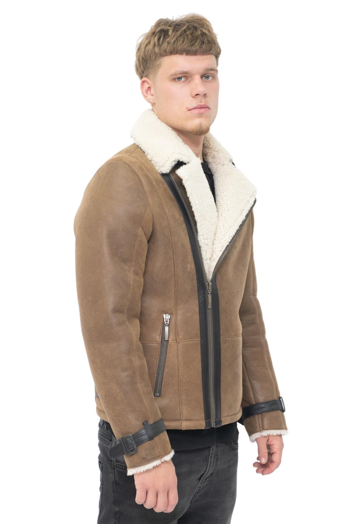 Mens Double Breasted Sheepskin Leather Biker Jacket-Heathfield