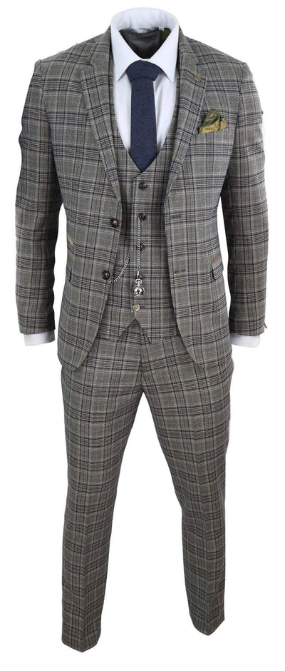 Mens 3 Piece Tan Brown Herringbone Check Suit