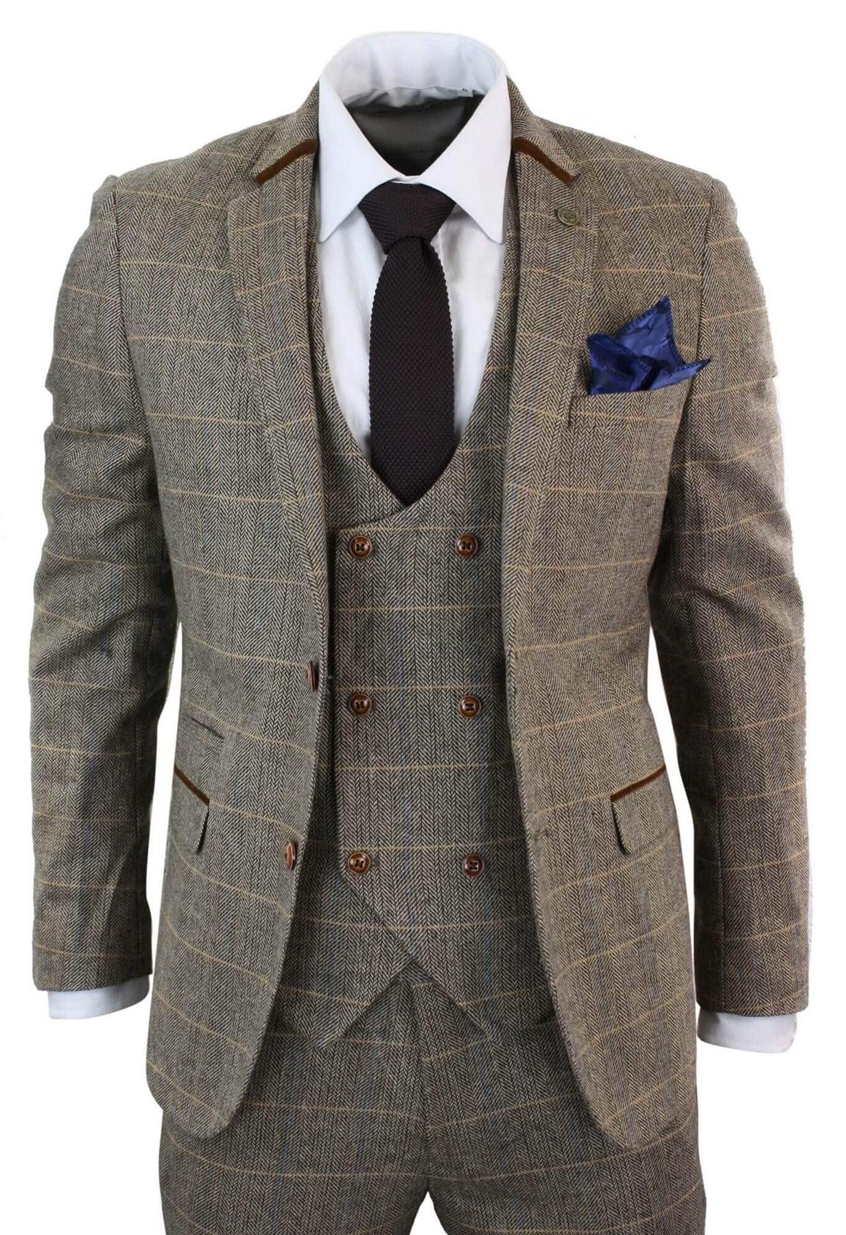 Mens 3 Piece Tan Herringbone Tweed Check Suit