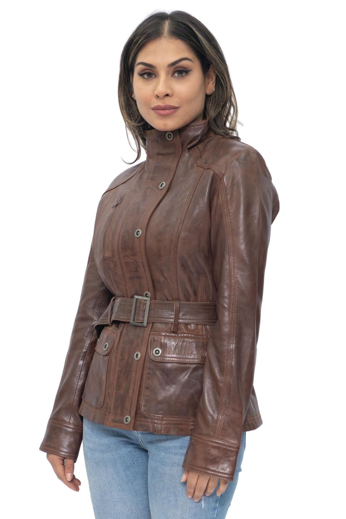 Womens Military Style Leather Biker Jacket-Phoenix