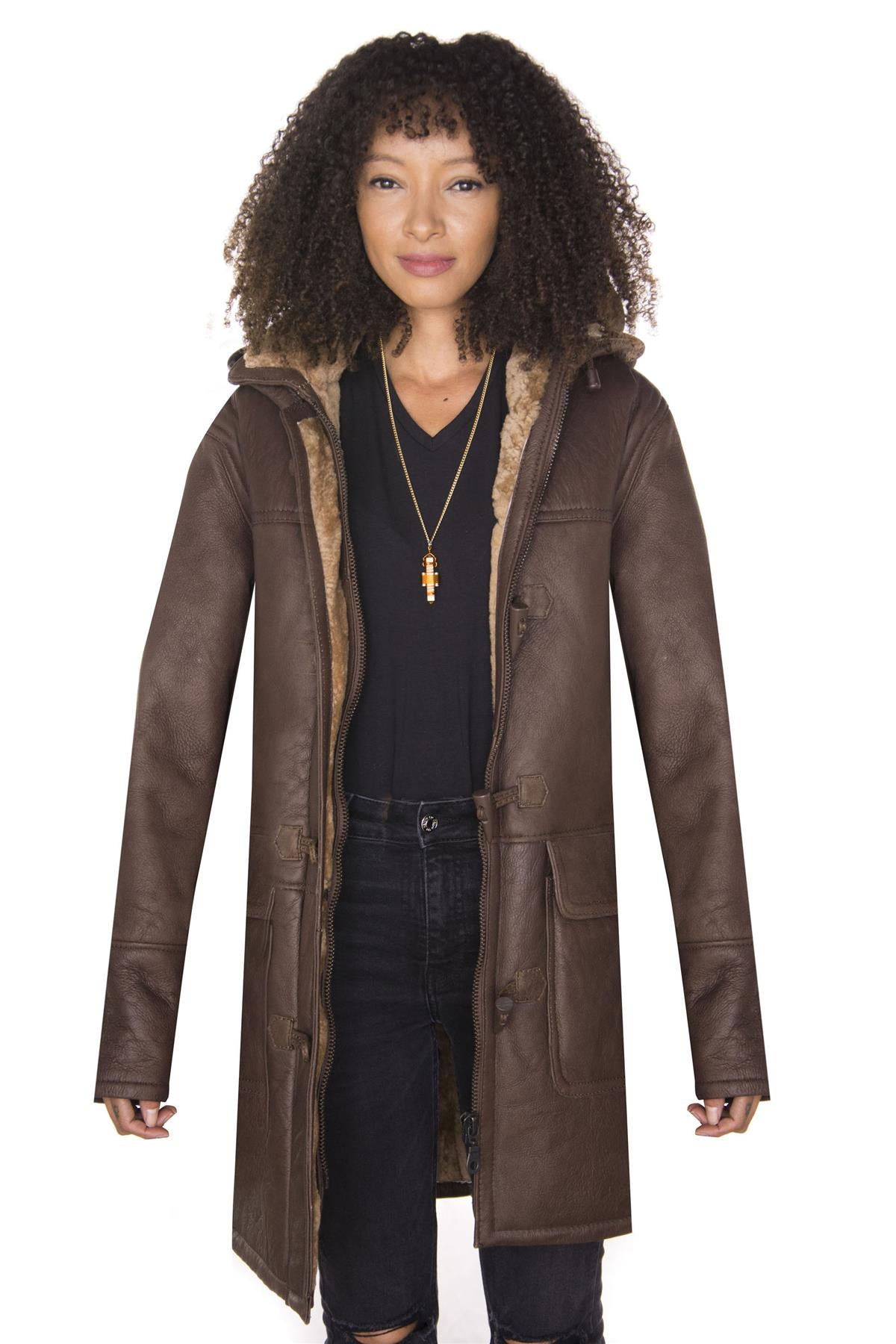 Womens Brown Hooded Sheepskin Leather Duffle Coat-Rugby