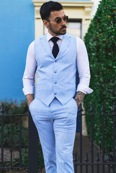 Men's Summer 2 Piece Suit Linen Formal Light Blue Waistcoat Trousers