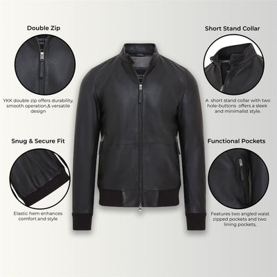 Mens Black Retro Leather Bomber Jacket -  Adak