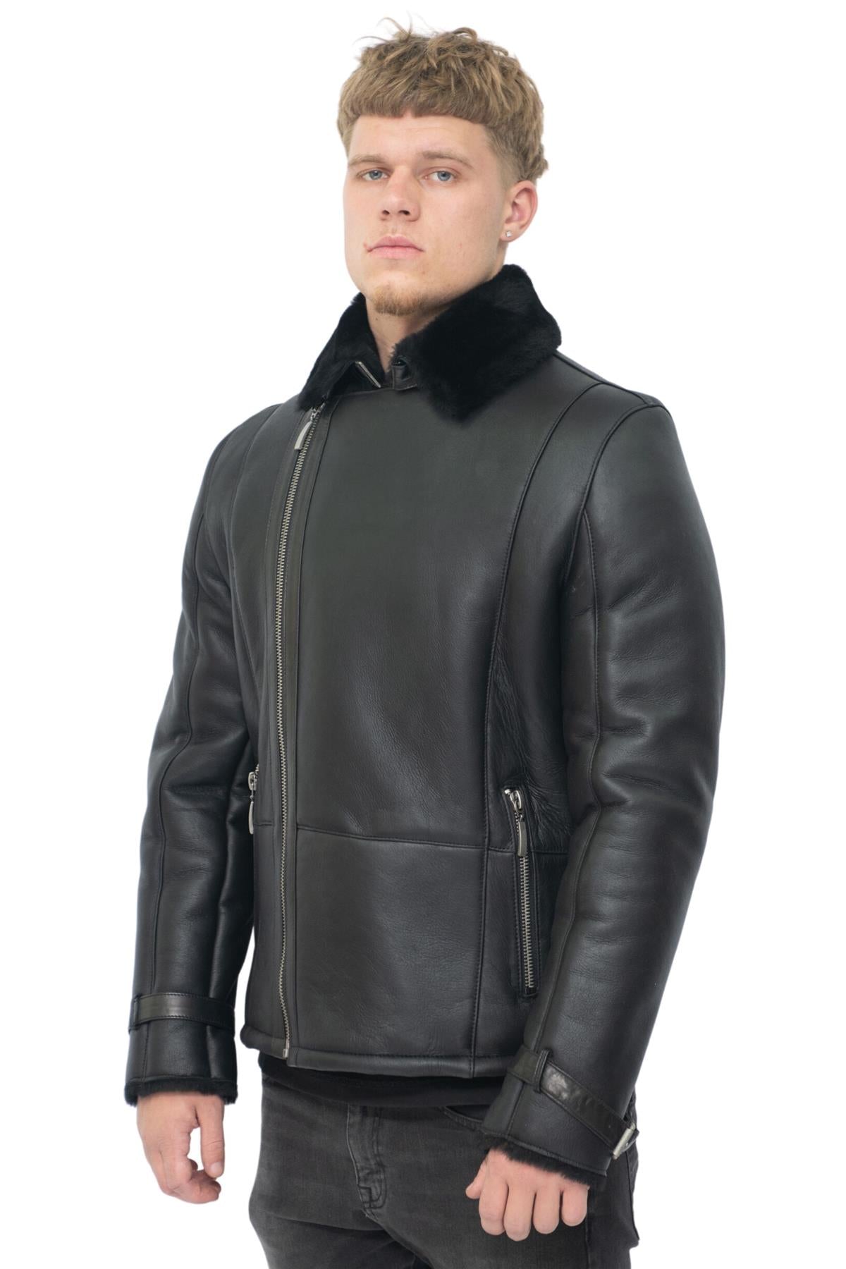 Mens Double Breasted Sheepskin Leather Biker Jacket-Heathfield