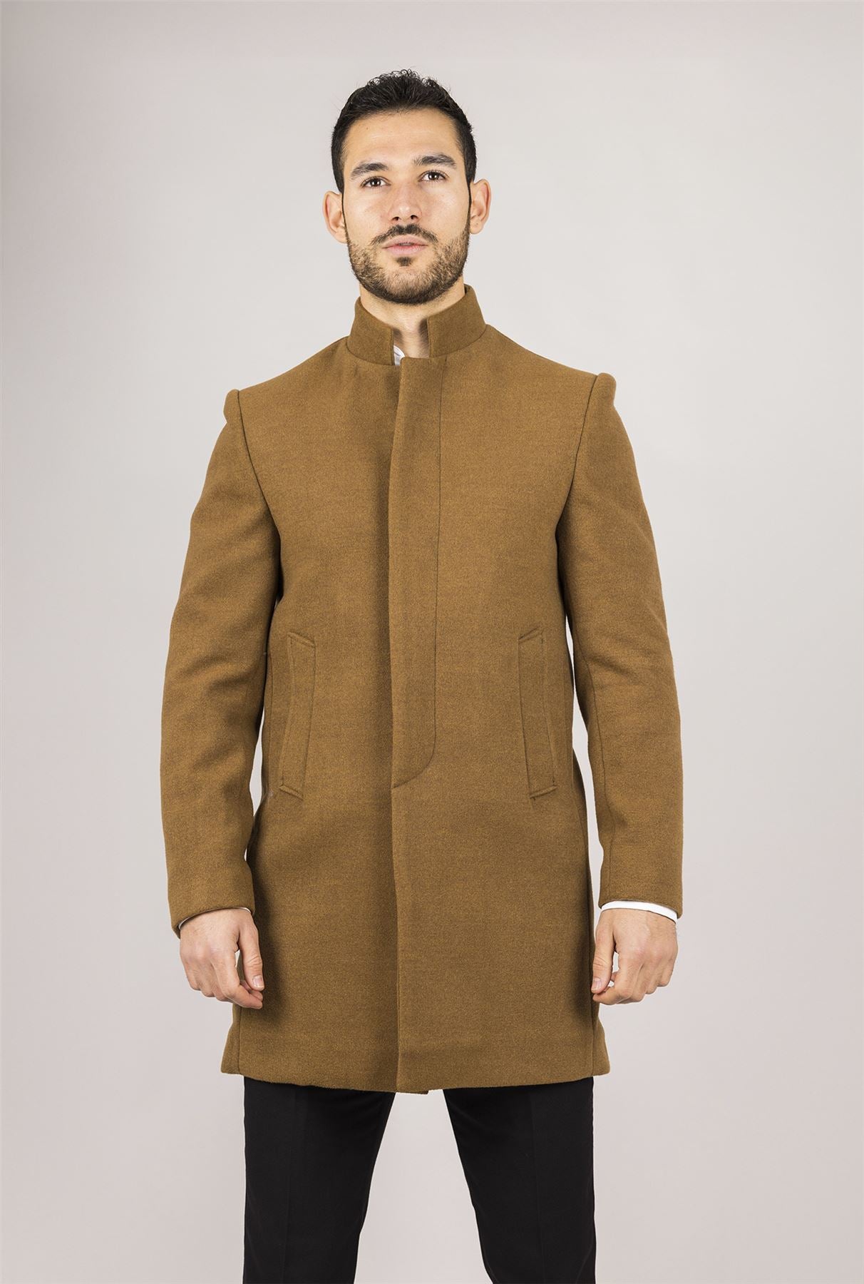 Men's Tan Stand Collar Wool Blend Overcoat