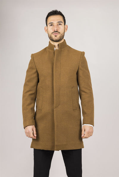 Men's Tan Stand Collar Wool Blend Overcoat