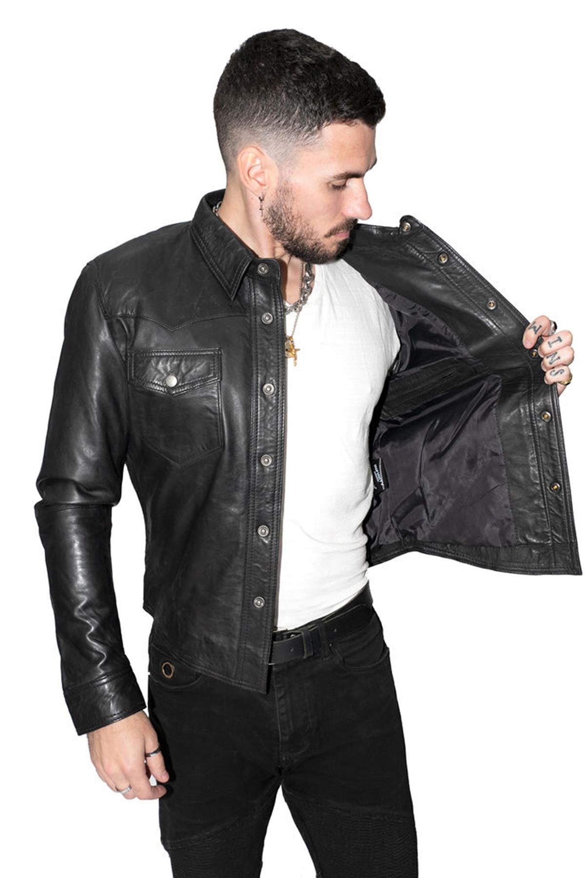 Mens Retro Leather Shirt Jeans Jacket-Beijing