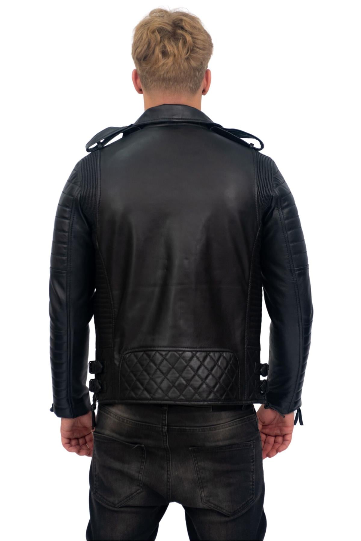 Mens Slim-Fit Double Zip Brando Leather Biker Jacket-Cairo