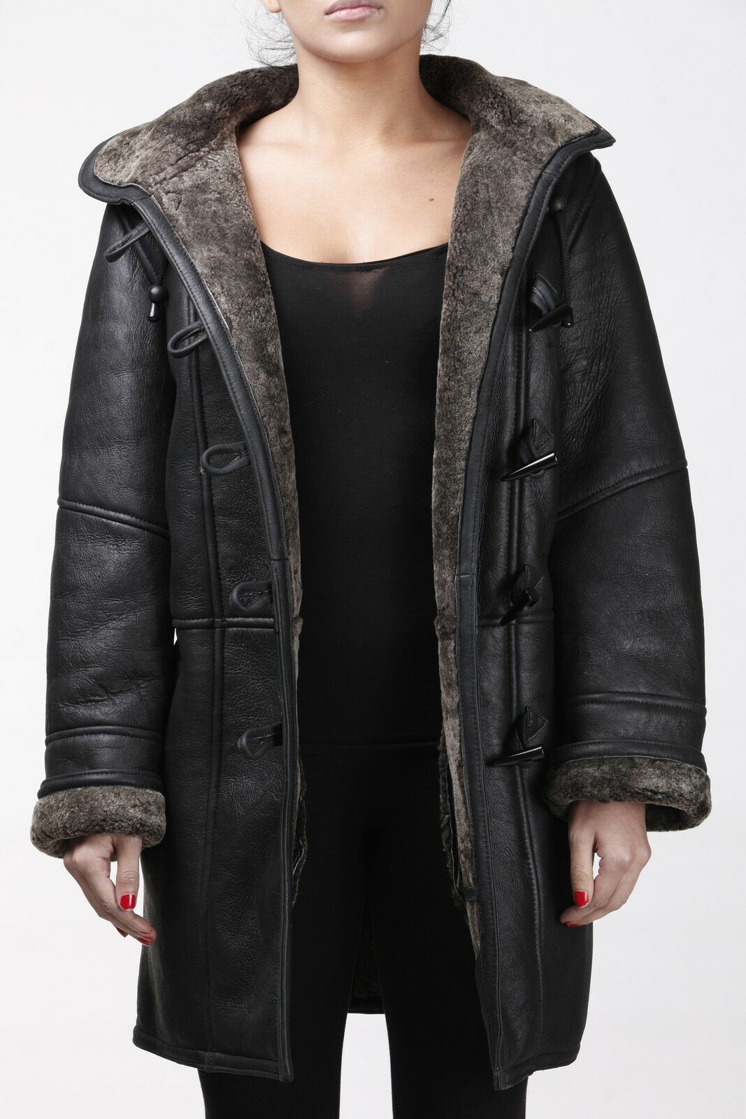 Womens Black Shearling Hooded Duffle Coat-Lille