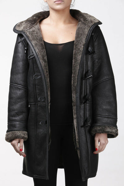Womens Black Shearling Hooded Duffle Coat-Lille