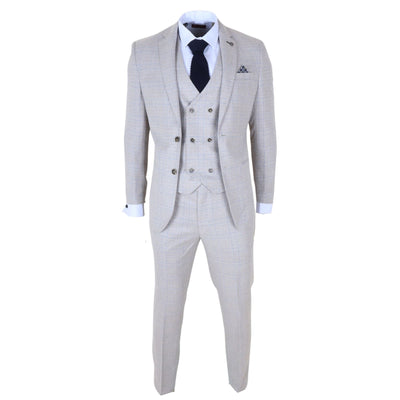 Men's Cream Plaid Check 3 Piece Slim Fit Formal Wedding Suit