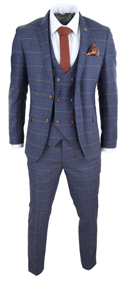 Mens 3 Piece Navy Blue Retro Check Vintage Classic Suit