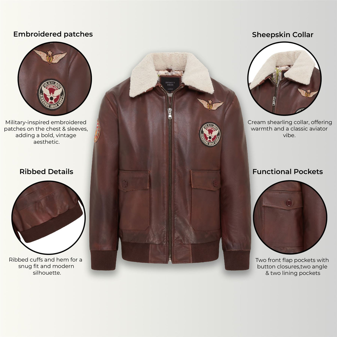 Mens Brown Cowhide Leather Aviator Bomber Jacket - Akhiok