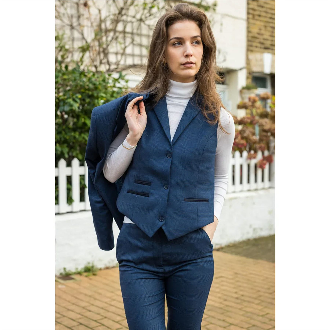 Women's Navy Three-Piece Tailored Fit Suit in Prince of Wales Check