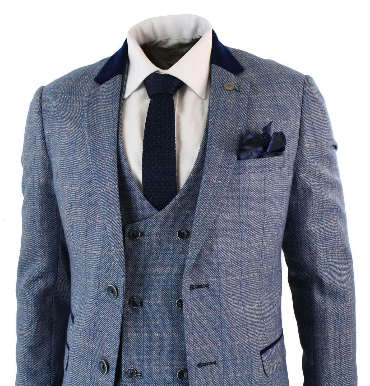 Mens 3 Piece Blue Grey Herringbone Check Suit