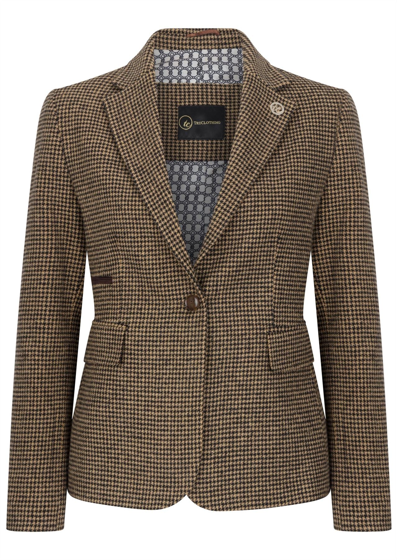 Women's Tailored Brown Dogtooth Wool Blend Tweed Blazer