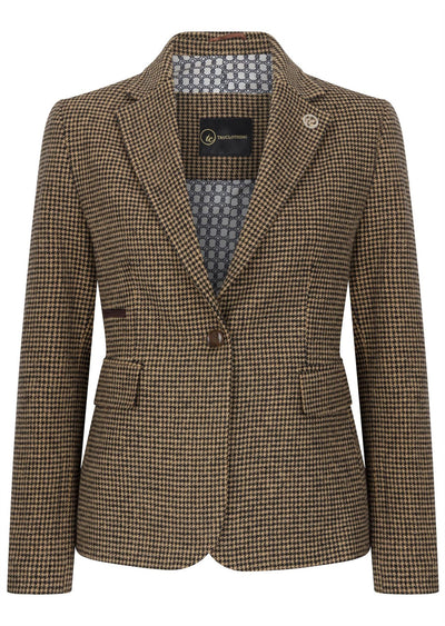 Women's Tailored Brown Dogtooth Wool Blend Tweed Blazer