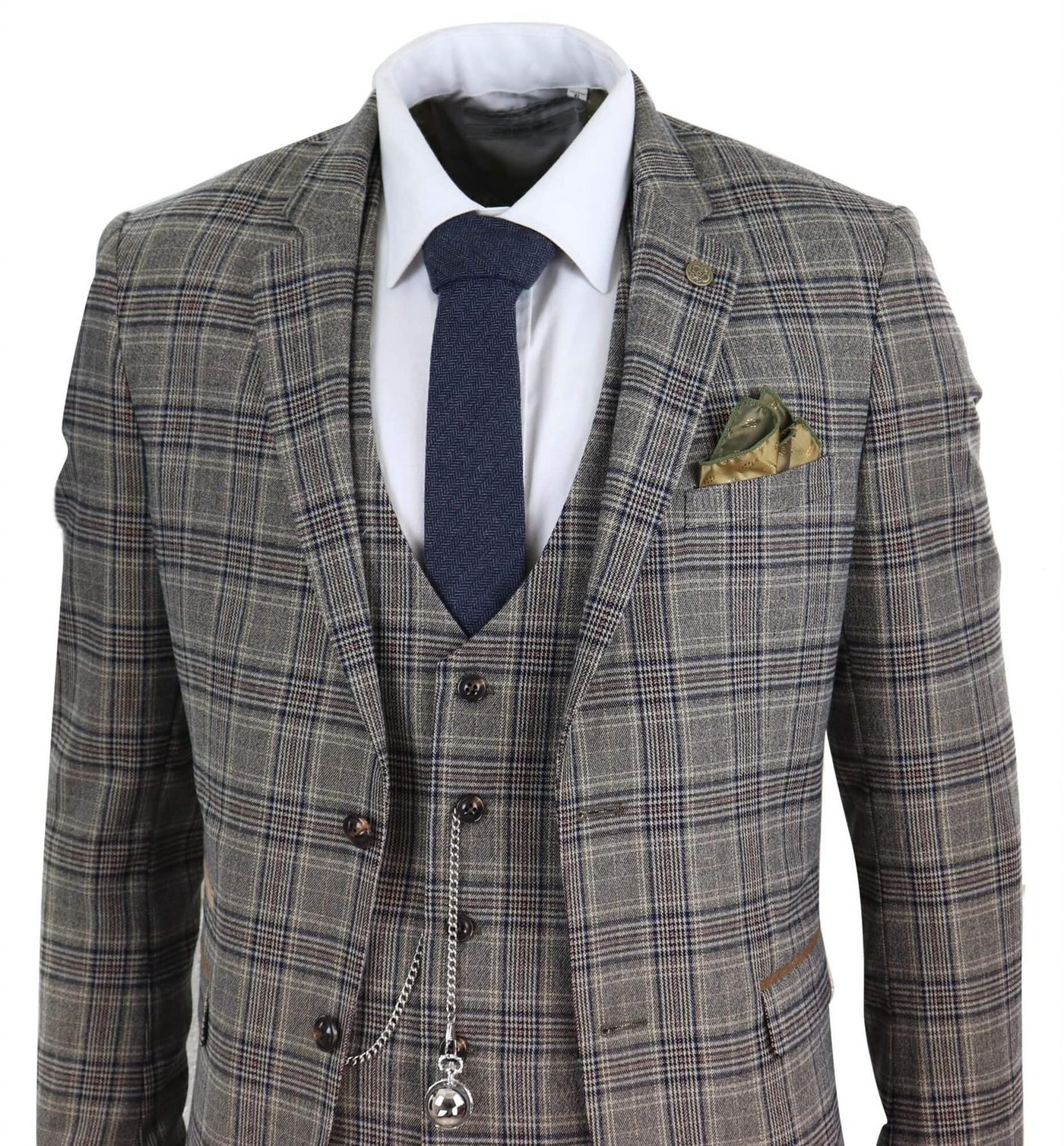 Mens 3 Piece Tan Brown Herringbone Check Suit