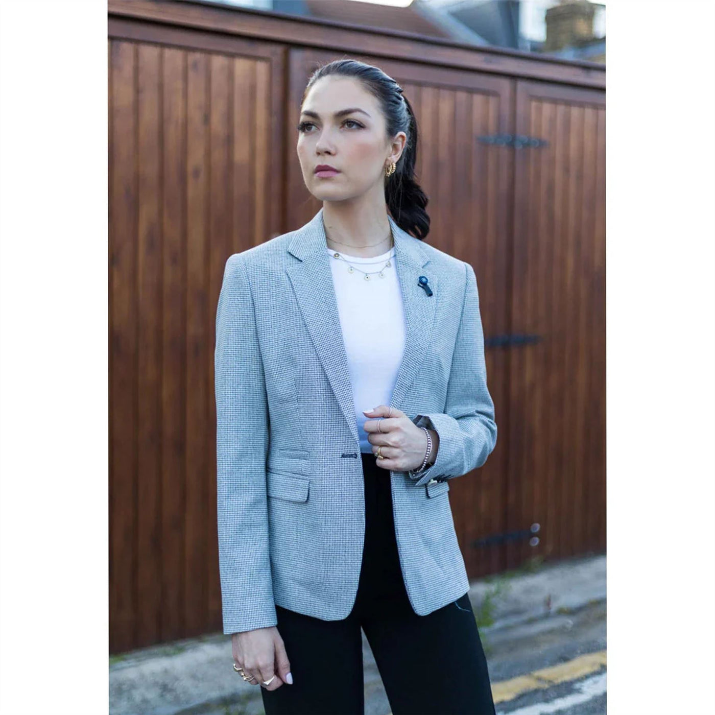 Women's Beige Tweed Tailored Fit Wool Blend Blazer