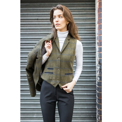 Women's Olive 2 Piece Set Tweed Blazer Waistcoat in Herringbone Check