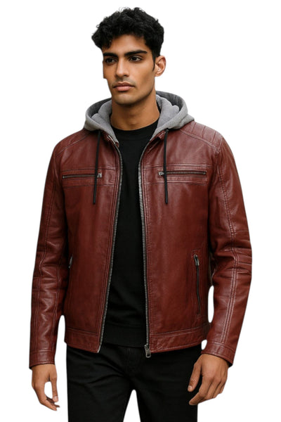 Men's Hooded Biker Lamb Leather Jacket - Burten