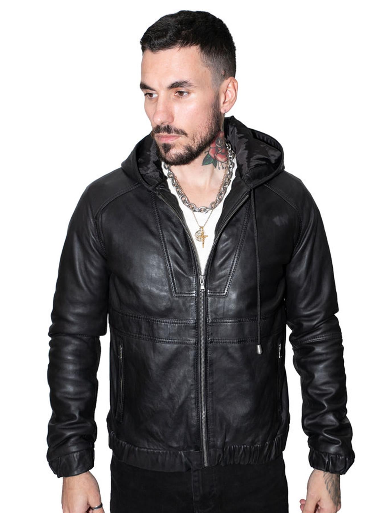 Men’s Casual Leather Hooded Bomber Jacket-Odesa